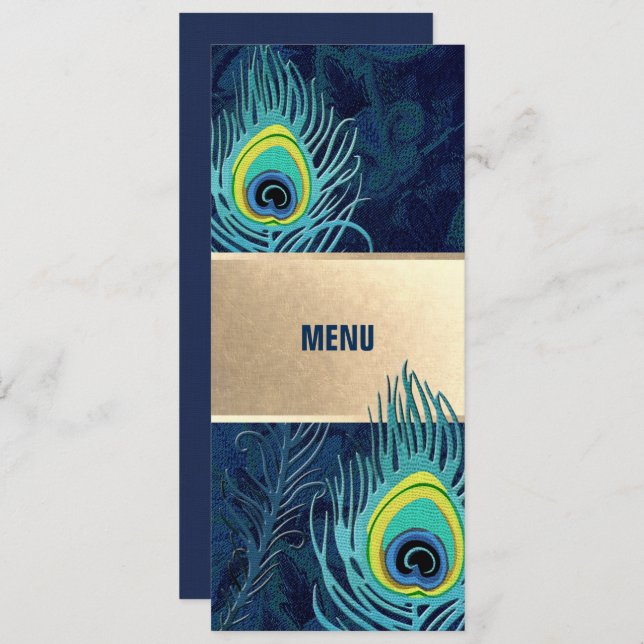 Peacock Feather Navy Blue Gold Wedding Menu Card (Front/Back)