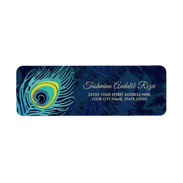 Peacock Feather Navy Blue Return Address Labels (Front)