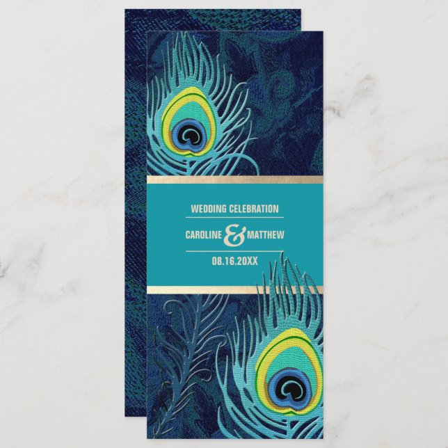 Peacock Feather Navy Blue Turquoise Gold Wedding Invitation (Front/Back)