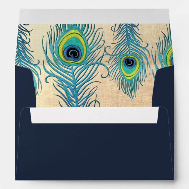 Peacock Feather Navy Blue Wedding Envelopes (Back (Bottom))