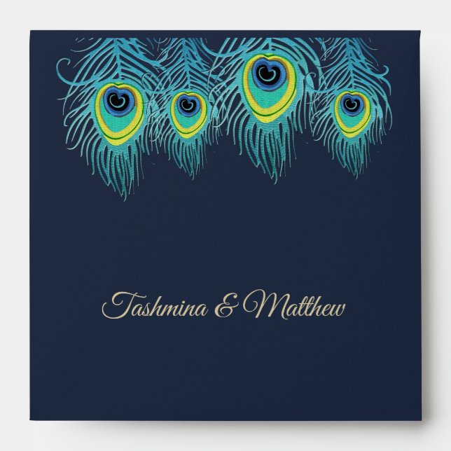 Peacock Feather Navy Blue Wedding Envelopes (Front)