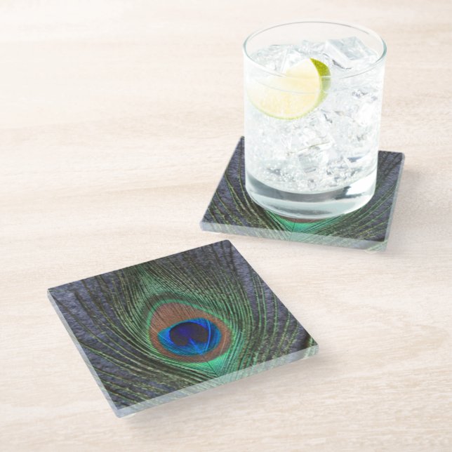 Peacock Feather on Grey Glass Coaster (Angled)