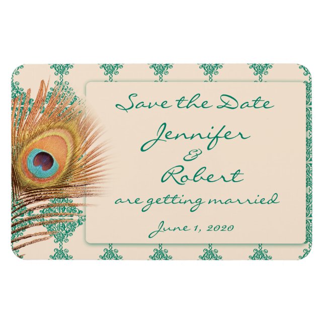 Peacock Feather on Teal Moroccan Tile Save the Dat Magnet (Horizontal)