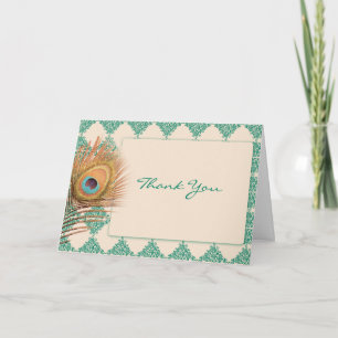 Peacock Feather on Teal Moroccan Tile Thank You Card
