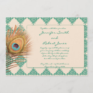 Peacock Feather on Teal Tile Wedding Invitation