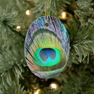 Peacock Feather on Turquoise Ceramic Tree Decoration