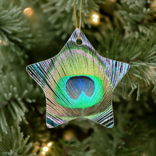 Peacock Feather on Turquoise Ceramic Tree Decoration