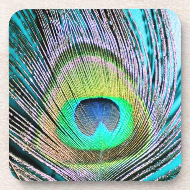 Peacock Feather on Turquoise Coaster (Front)