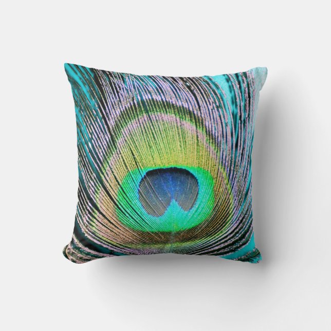 Peacock Feather on Turquoise Cushion (Front)