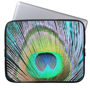 Peacock Feather on Turquoise Laptop Sleeve