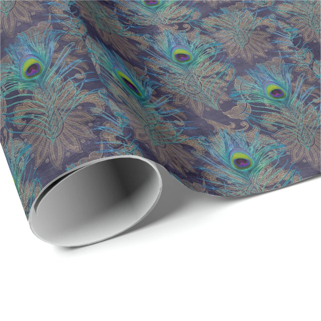Peacock feather paisley purple teal gold boho  wrapping paper (Roll Corner)