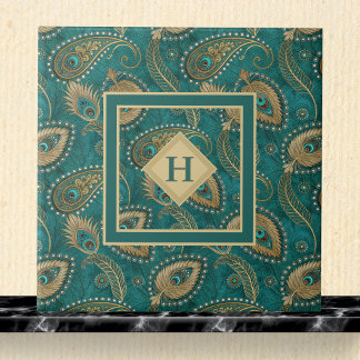 Peacock Feather Paisley Teal Gold Vintage Initial Tile