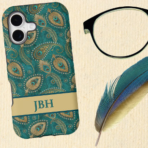Peacock Feather Paisley Teal Gold Vintage Initials