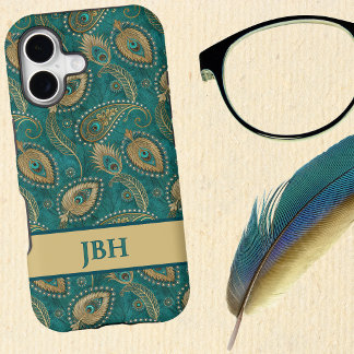 Peacock Feather Paisley Teal Gold Vintage Initials