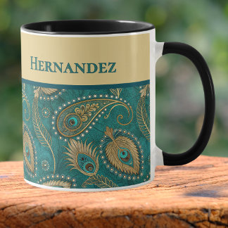 Peacock Feather Paisley Teal Gold Vintage Name Mug