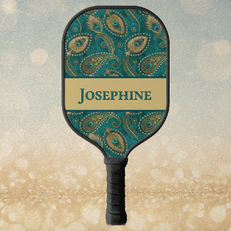 Peacock Feather Paisley Teal Gold Vintage Name Pickleball Paddle