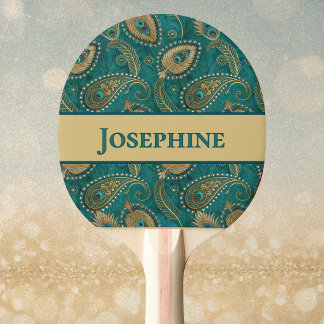 Peacock Feather Paisley Teal Gold Vintage Name Ping Pong Paddle