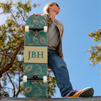 Peacock Feather Paisley Teal Gold Vintage Name Skateboard