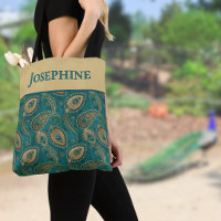 Peacock Feather Paisley Teal Gold Vintage Name 