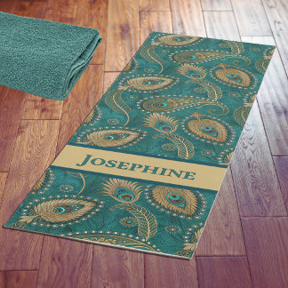 Peacock Feather Paisley Teal Gold Vintage Name Yoga Mat