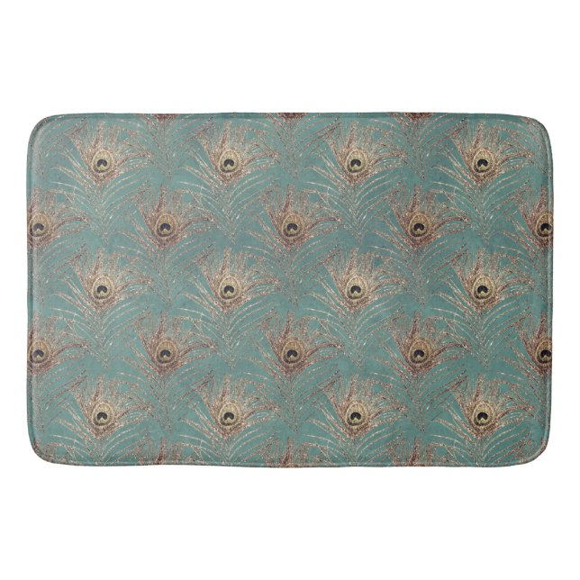 Peacock feather pattern glitter teal gold elegant bath mat (Front)