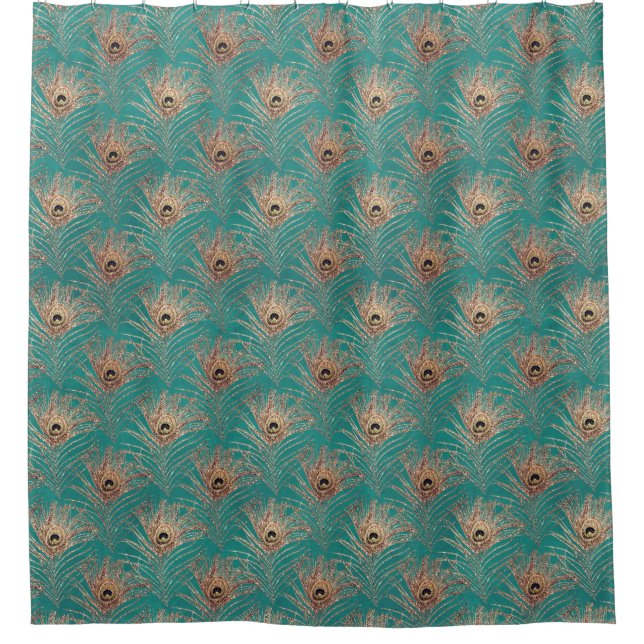 Peacock feather pattern glitter teal gold elegant shower curtain (Front)