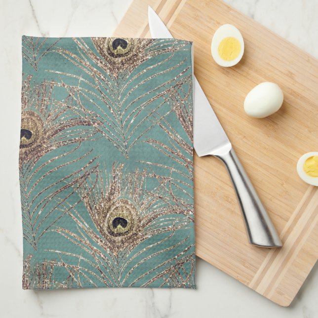 Peacock feather pattern glitter teal gold elegant tea towel (Quarter Fold)