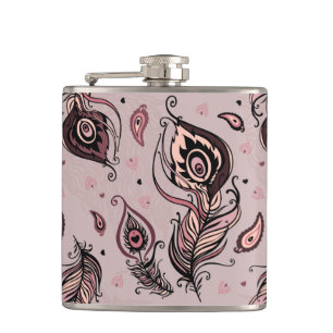 Peacock feather pattern hip flask