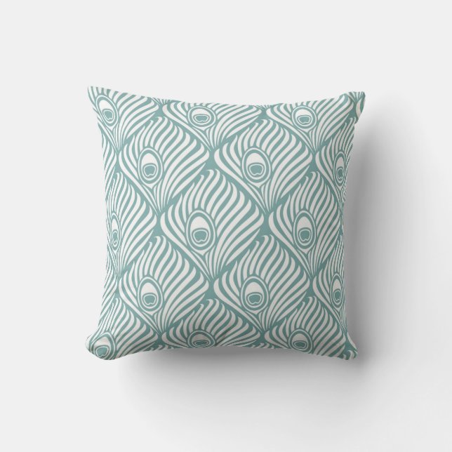 Peacock Feather Pattern in Sea Glass and White Cushion (Front)