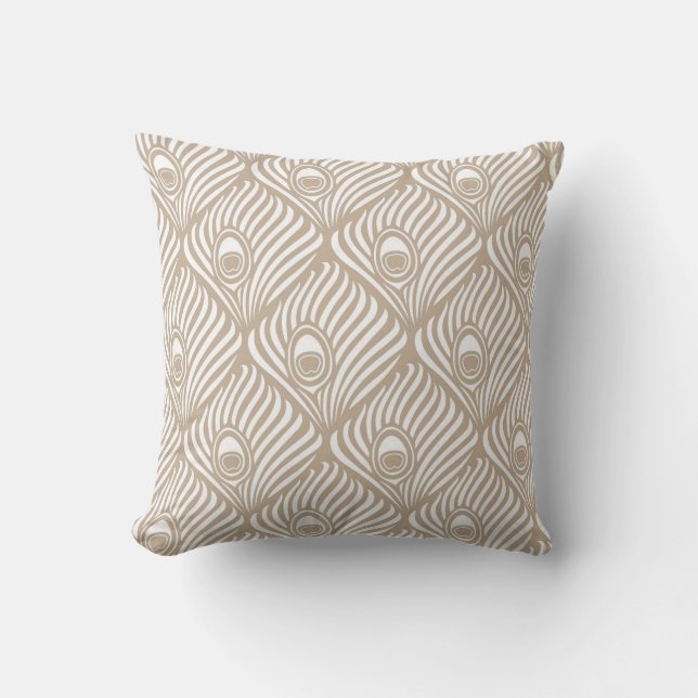Peacock Feather Pattern in Tan and White Cushion (Front)
