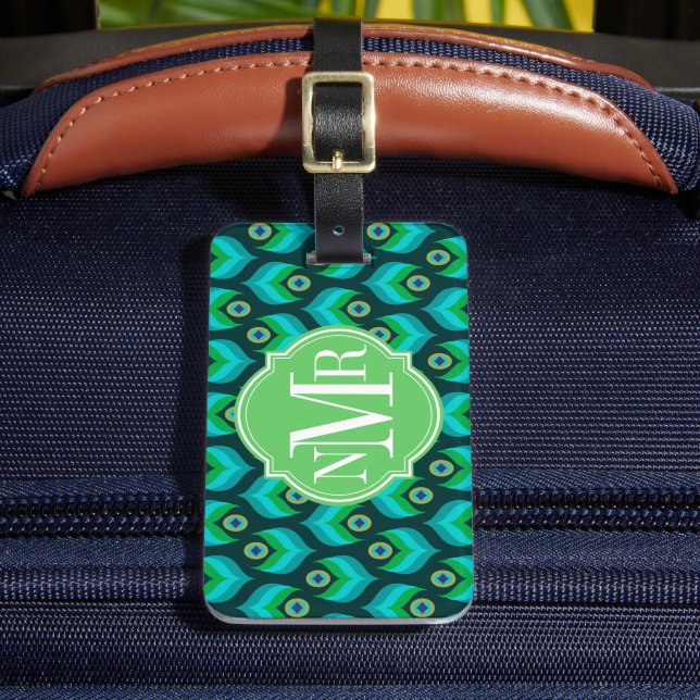 Peacock Feather Pattern Monogram Personalised Luggage Tag (Front Insitu 2)
