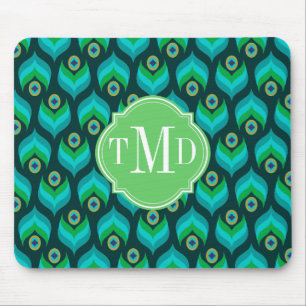 Peacock Feather Pattern Monogram Personalised Mouse Pad
