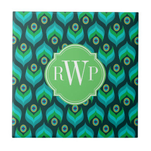 Peacock Feather Pattern Monogram Personalised Tile