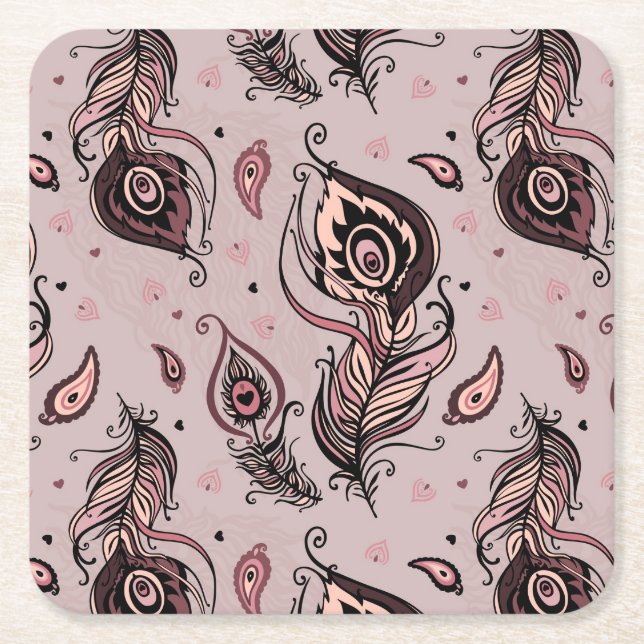 Peacock feather pattern square paper coaster (Front)