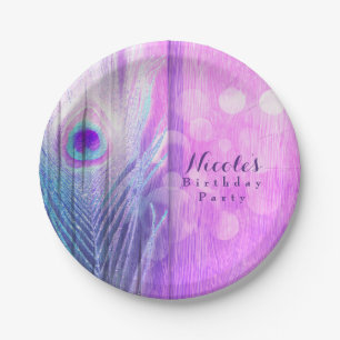 Peacock Feather Pink & Blue Boho Chic Custom Party Paper Plate