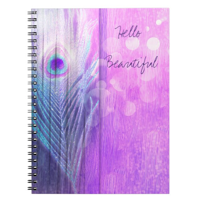 Peacock Feather Pink & Blue Boho Chic Glam Custom Spiral Notebook (Front)