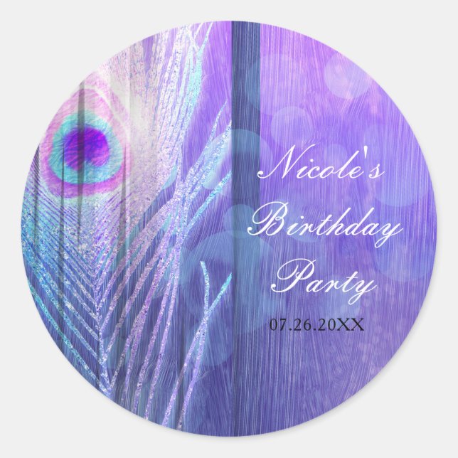 Peacock Feather Purple Glam Boho Party Favour Classic Round Sticker (Front)