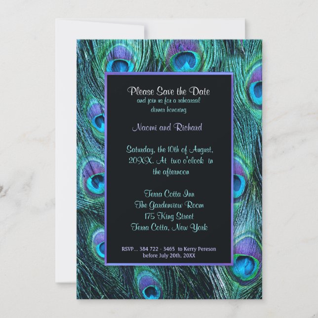 Peacock Feather Rehearsal Dinner Invitation (Front)