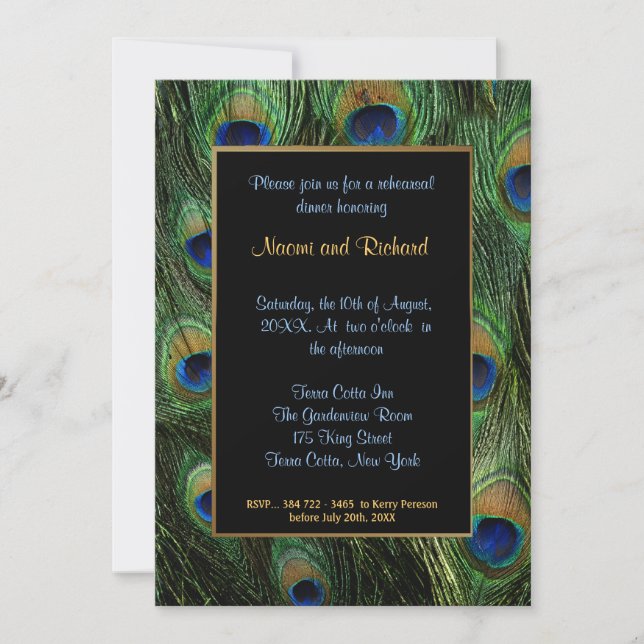 Peacock Feather Rehearsal Dinner Invitation (Front)