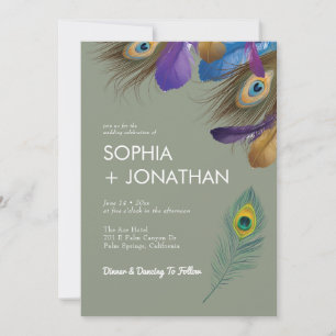 Peacock Feather Sage Green Wedding Modern Chic Invitation