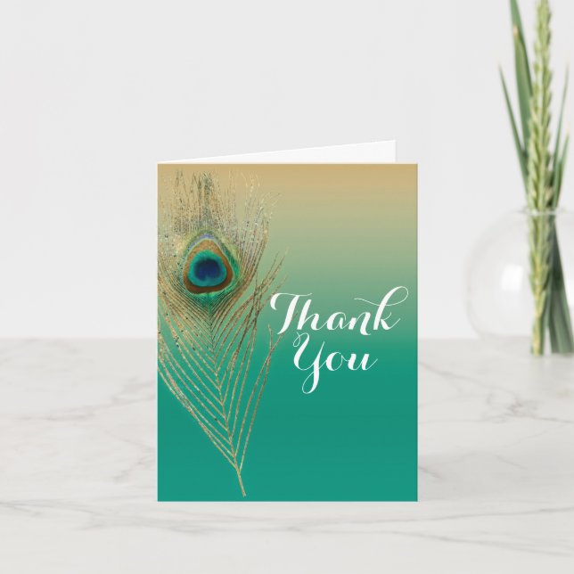 Peacock Feather Sand and Teal Boho Glam Thank You Card (Front)