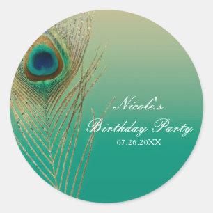 Peacock Feather Sand and Teal Boho Party Favour Classic Round Sticker