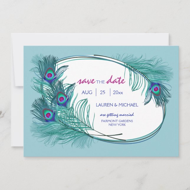 Peacock Feather Save the Date Announcement (Front)