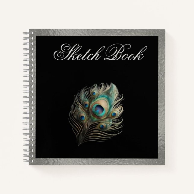 Peacock Feather, Silver Border Hard Cover Sketch Notebook (Front)