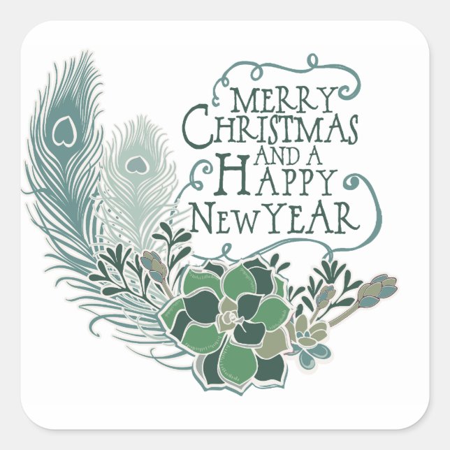 Peacock Feather Succulent Merry Christmas Sticker (Front)