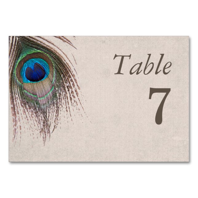 Peacock Feather Tan Wedding Table Number (Front)