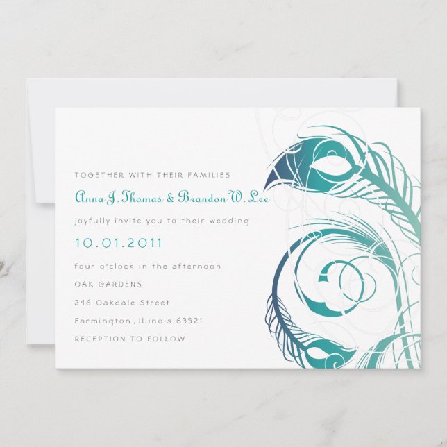 Peacock Feather - Teal and Navy Invitation (Front)