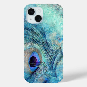 Peacock feather teal blue purple marble elegant  iPhone 15 case