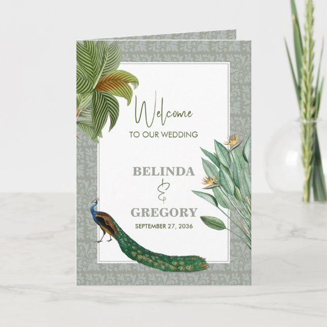 Peacock Feather Tropical Wedding Order of Service Programme (Front)