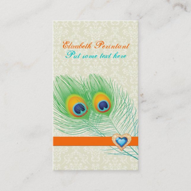 Peacock feather turquoise orange eye catching business card (Front)